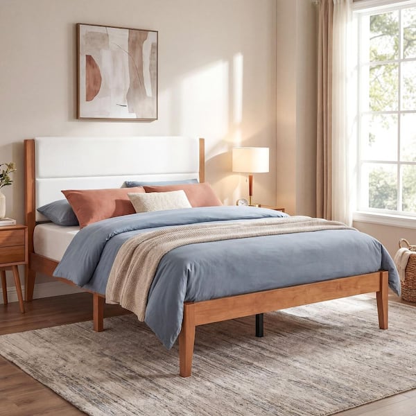 Jarvis Brown Wood Frame Full Size Platform Bed with Upholstered Headboard, Solid Wood Slat Support