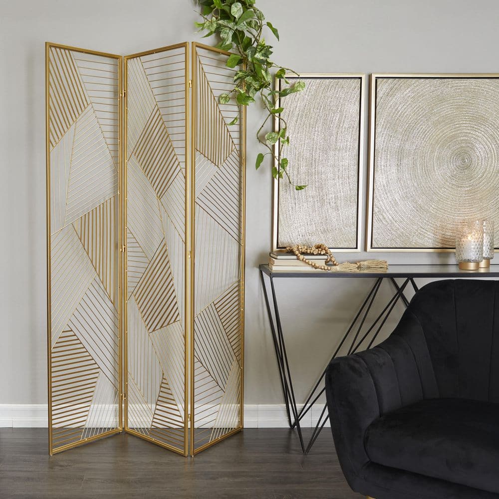 Litton Lane 6 ft. Gold 3 Panel Geometric Hinged Foldable Partition Room