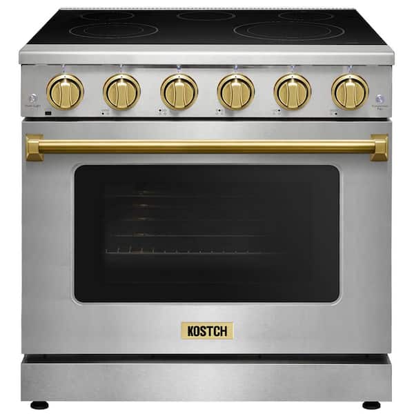 36 in. 5 Elements Freestanding Electric Range w/ 6.0 cu. ft. True Convection Oven in Stainless Steel w/ Bronze Handles