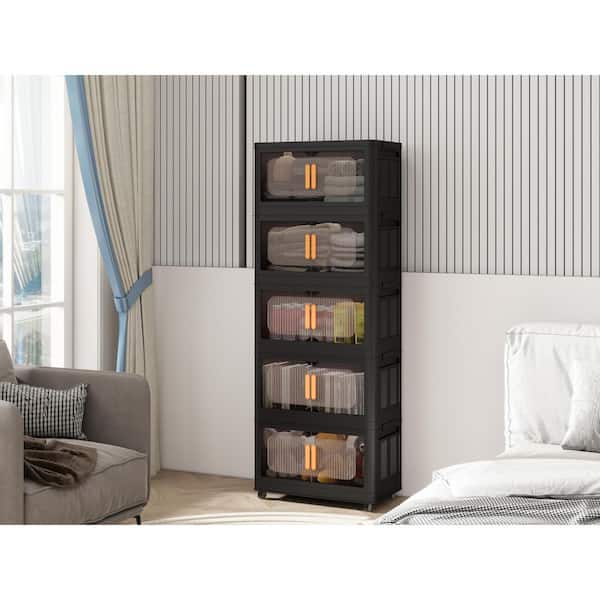 5 Tiers Black 60 in. H Accent Storage Cabinet with Magnetic Door and Wheels