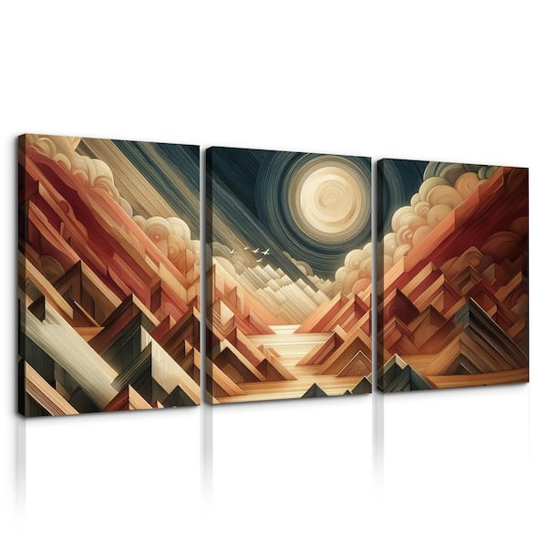 4.50 in. H x 32 in. W Multicolor Abstract by Wall Art Wood Grain Boho Style Mountain Forest Canvas Decoration 3 Panels