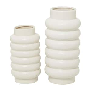 16 in., 12 in. White Ceramic Decorative Vase with Ring Ribbing (Set of 2)