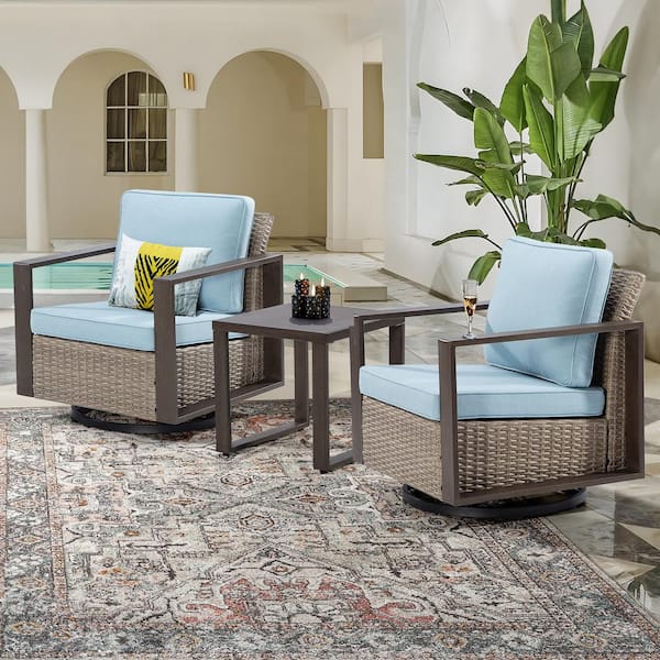 Gardenbee 3-Piece Wicker Swivel Outdoor Rocking Chairs Patio Conversation Set with Metal Frame and Baby Blue Cushions