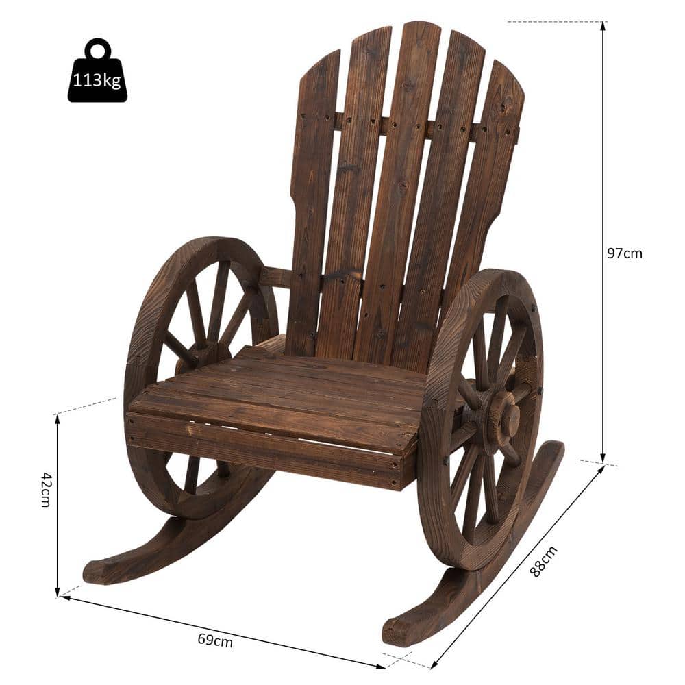 Burnt Wood Adirondack Rocking Chair with Wagon Wheel Armrests