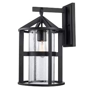 Prado 16.875 in. 1-Light Black Outdoor Hardwired Wall Lantern Sconce with No Bulbs Included and Seeded Glass