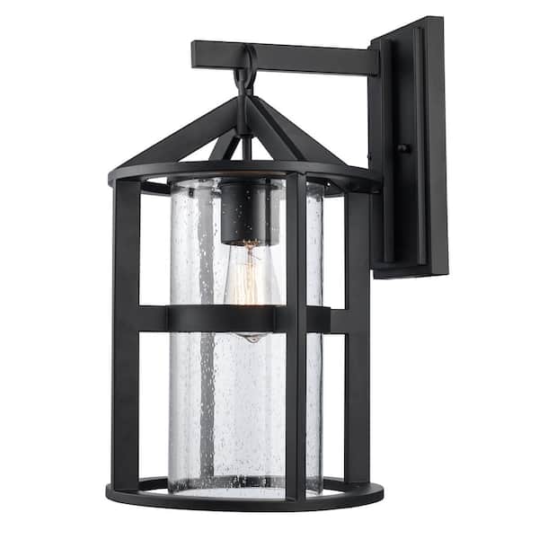 Bel Air Lighting Prado 16.875 in. 1-Light Black Outdoor Hardwired Wall Lantern Sconce with No Bulbs Included and Seeded Glass