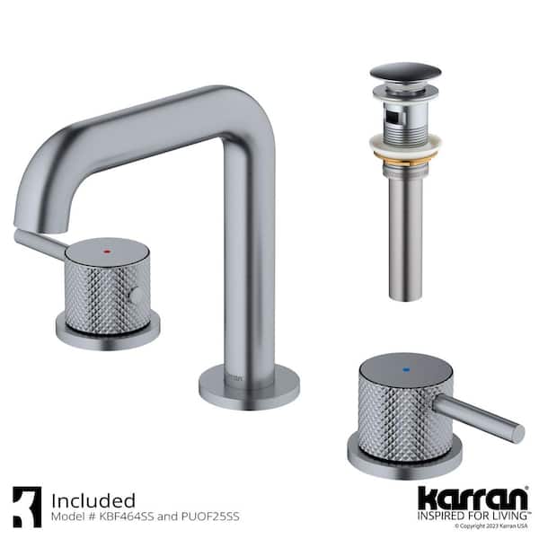 Tryst Widespread 2-Handle Three Hole Bathroom Faucet with Matching Pop-up Drain in Stainless Steel