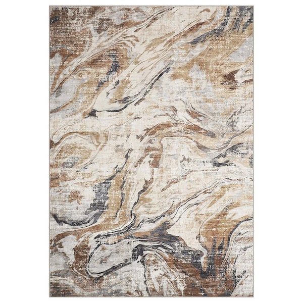 Brown 9 ft. x 12 ft. Modern Abstract Foldable Machine Washable Polyester Area Rug