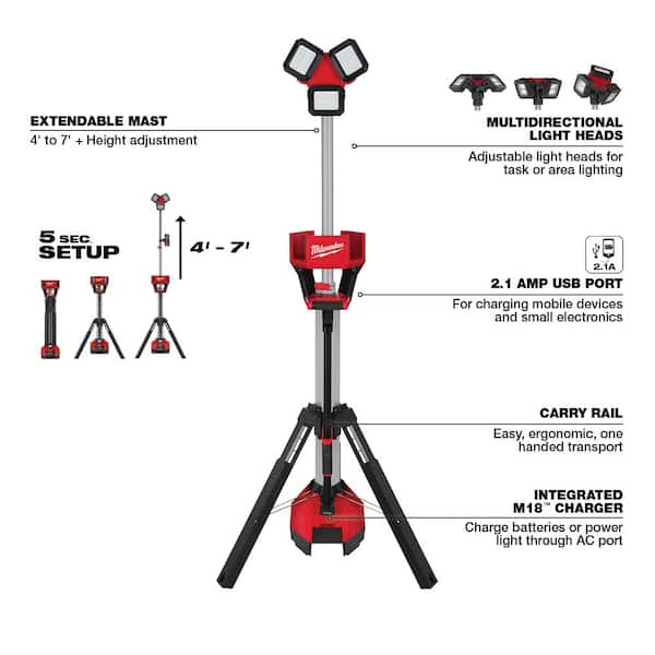 Milwaukee M18 18-Volt Lithium-Ion Cordless 6,000 Lumens Rocket Dual Power  Tower Light with Charger with (1) XC 8.0 Ah Battery 2136-20-48-11-1880  The Home Depot