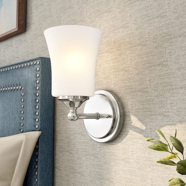 Bronson 5.25 in. 1-Light Brushed Nickel Glam Wall Sconce with Etched Glass Shade