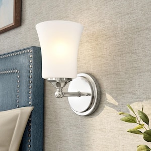 Bronson 5.25 in. 1-Light Brushed Nickel Wall Sconce with Etched Glass Shade