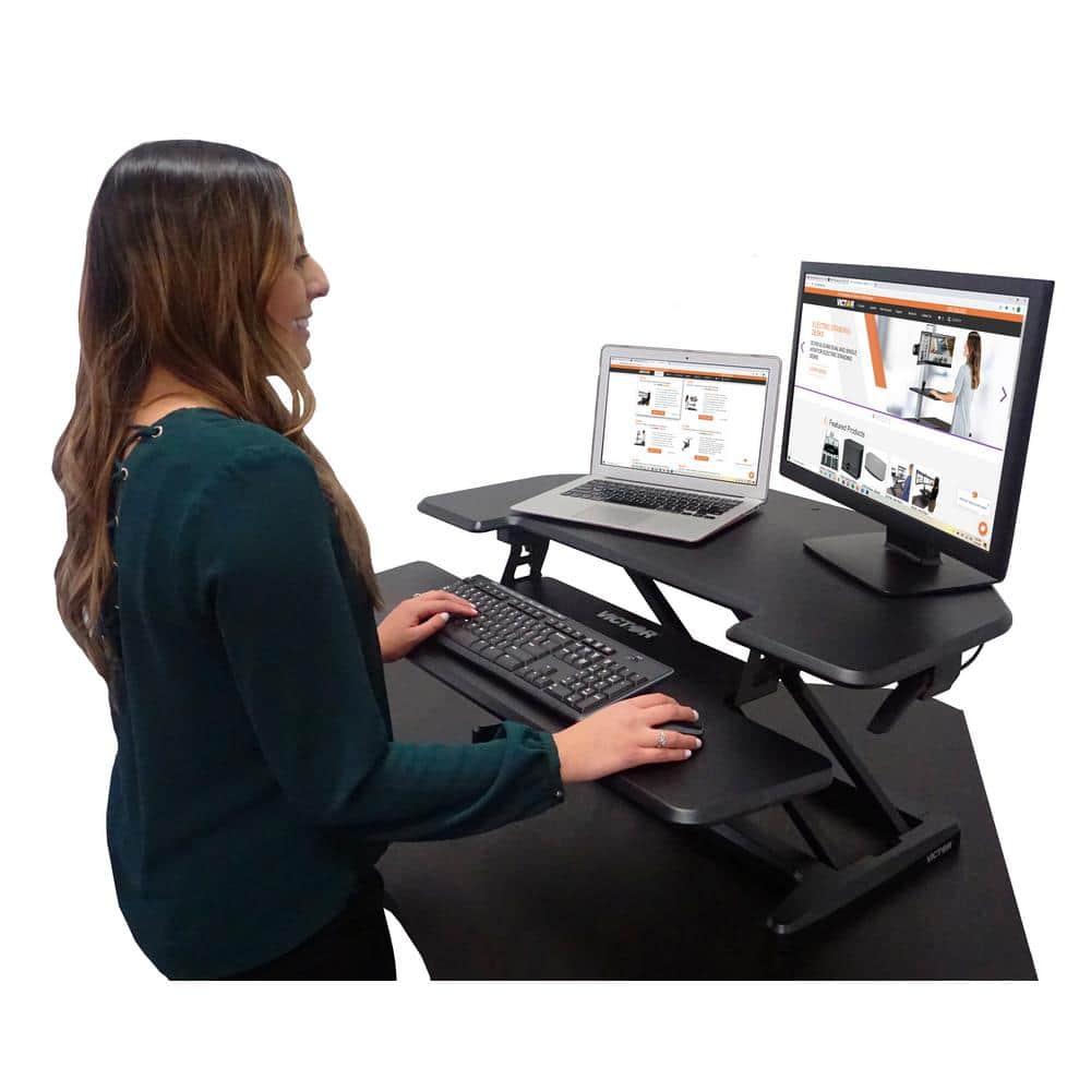 Black Steel Adjustable Standing Desk Converter with Keyboard Tray
