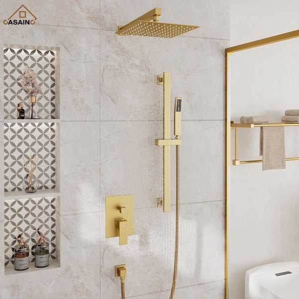 1-Spray Patterns with 10 in. Wall Mount Dual Shower Heads with Sliding Rod in Spot Resist Brushed Gold (Valve Included)