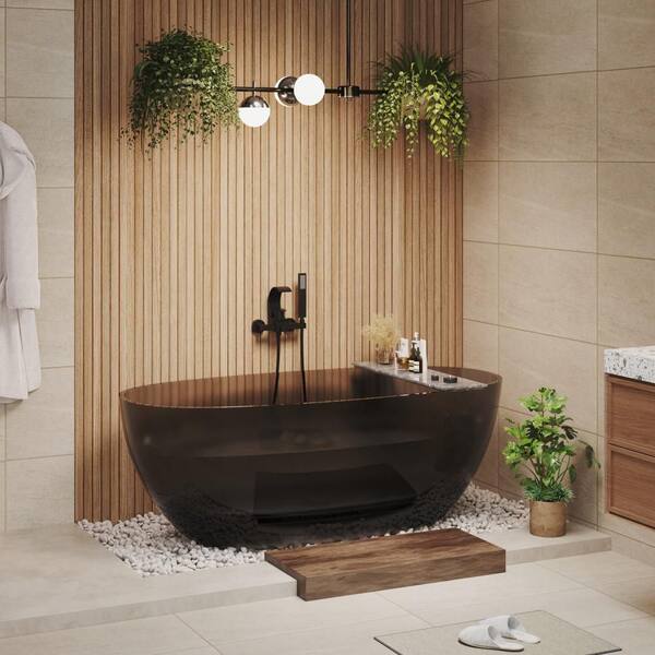 59 in. x 30 in. Freestanding Soaking Resin Bathtub with Center Drain in Transparent Black