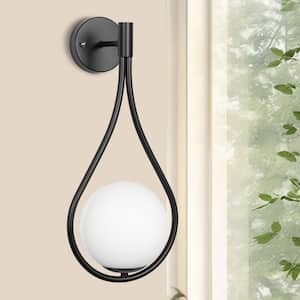 7.87 in. 1-Light Black Modern Globe Wall Sconce with Frosted Glass Shade