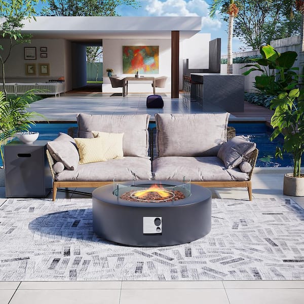 UPHA 42 in. Round Iron Outdoor Dark Gray Fire Pit Table with Propane Tank Holder and Glass Wind Guard