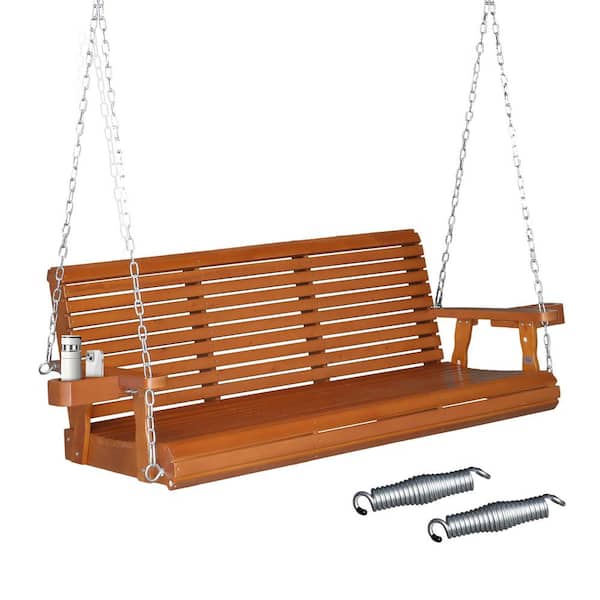 VINGLI 5 ft. 3-Person Brown Pine Wood Porch Swing with XL Seat and Back Size and Cup Holders and Phone Slots, Support 880 lbs.