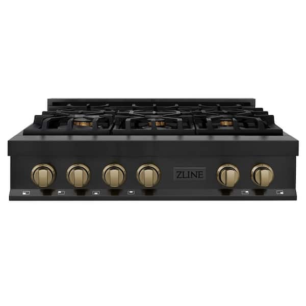 Autograph Edition 36 in. 6 Burner Front Control Gas Cooktop with Champagne Bronze Knobs in Black Stainless Steel
