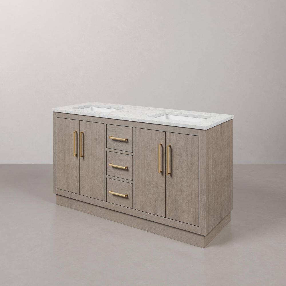 Hugo 60'' Grey Oak Double Sink Vanity with Satin Gold Hardware