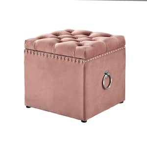 Blush Velvet and Black Tufted Square with Silver Ring Storage Ottoman