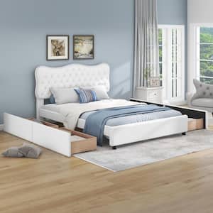 White Wood Frame Full Size PU Upholstered Platform Bed with Button-Tufted Headboard, 4-Drawers, Nail Head Trim