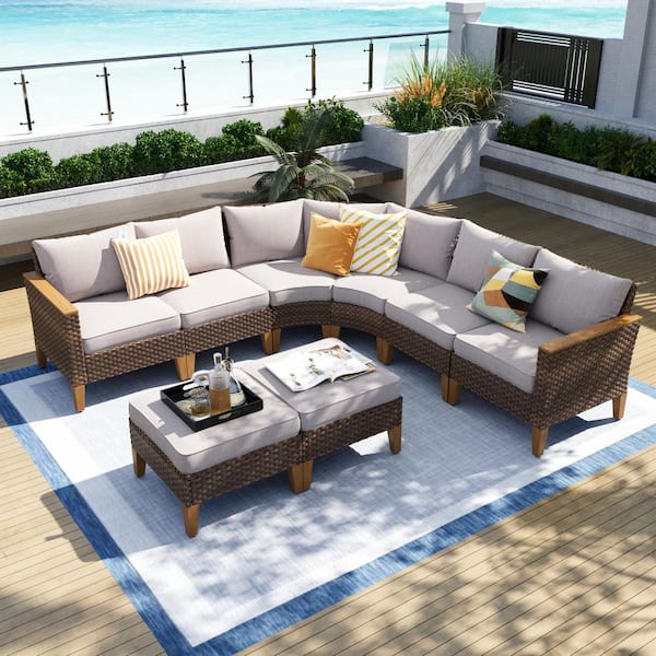 PHI VILLA Brown Rattan Wicker 8 Seat 8-Piece Steel Patio Outdoor Sectional Set with Beige Cushions