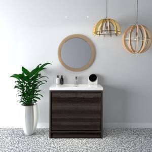 Free-Standing 35.43 in. W x 19.69 in. D x 34.25 in. H Bath Vanity in Grey Oak with White Solid Surface Top with Basin