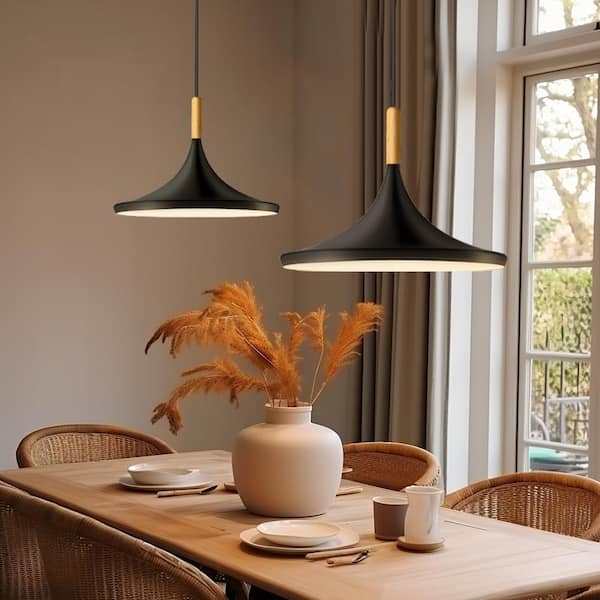 60-Watt 1-Light Matte Black Island Pendant Light with Round Metal Shade for Kitchen Island
