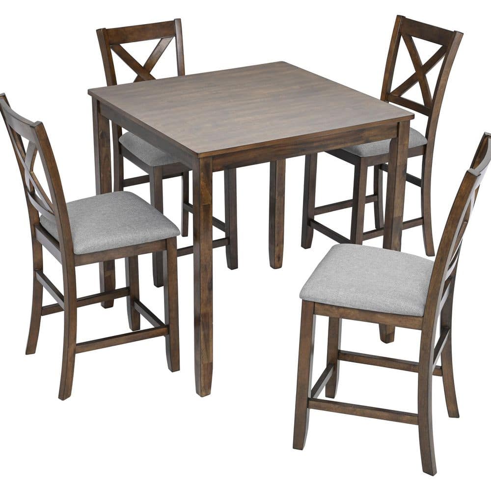 Cavello Country 5 Piece Walnut Finish Square MDF Wood Counter Height Dining Table Set with Upholstered Chair, Seats 4