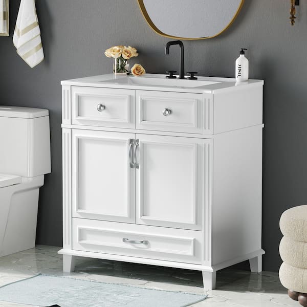 30 in. W Single Sink Freestanding Bath Vanity in White with White Ceramic Top and Soft Closing Doors