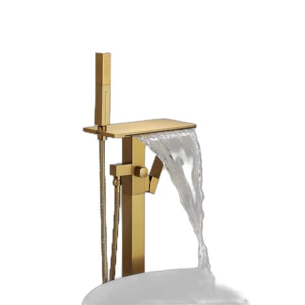 2-Handle Floor Mount Claw Foot Tub Faucet with Waterfall Spout and 2-Function Handheld Shower in Brushed Gold