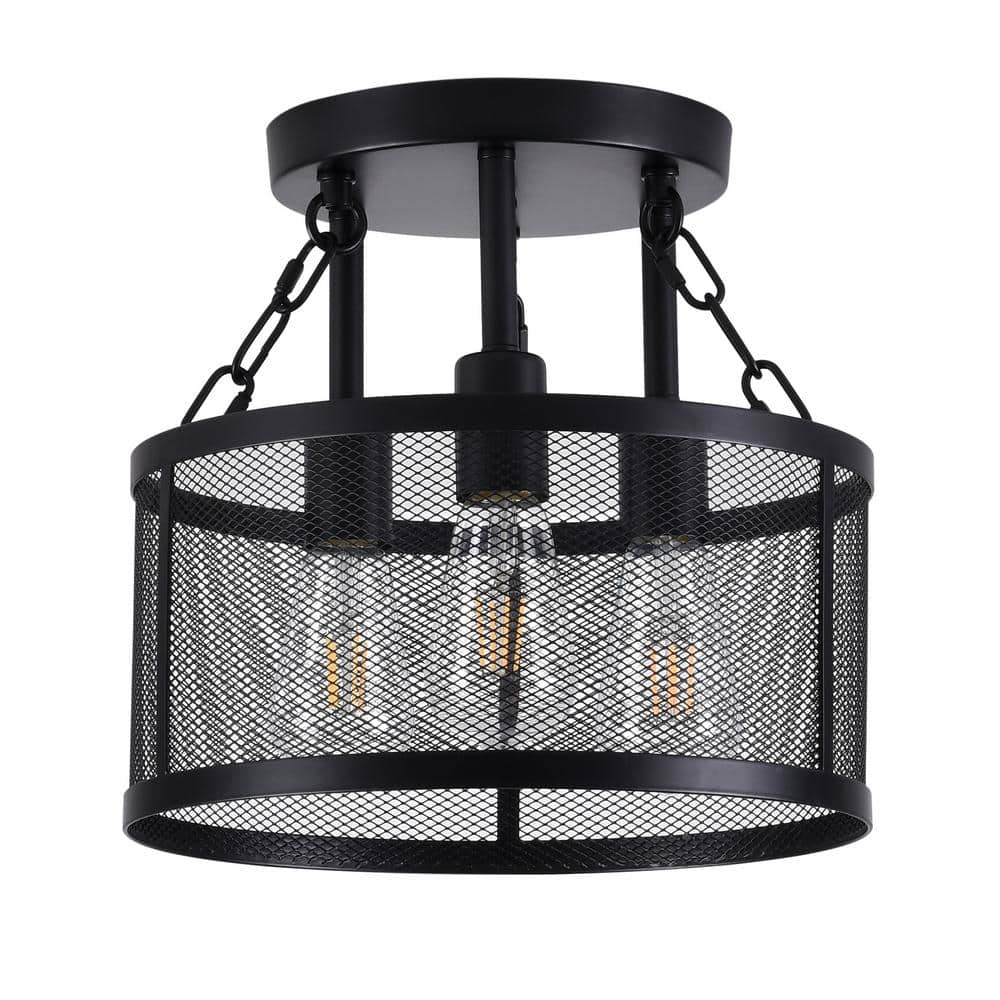 12.59 in. 3-Light Industrial Semi-Flush Mount Black Farmhouse Ceiling Light