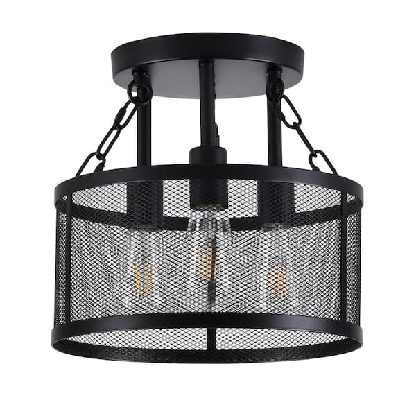 12.59 in. 3-Light Industrial Semi-Flush Mount Black Farmhouse Ceiling Light Fixtures with Metal Mesh Shade