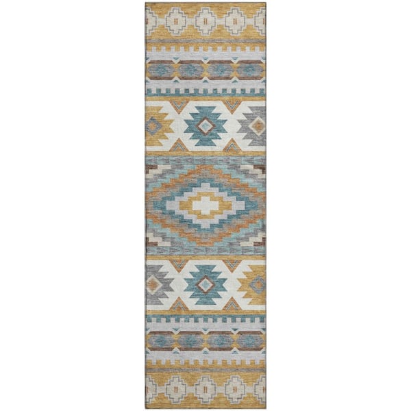 Mayfield Premium Machine Washable Abstract AMF2539 Gold 2 ft. x 7 ft. Runner Rug