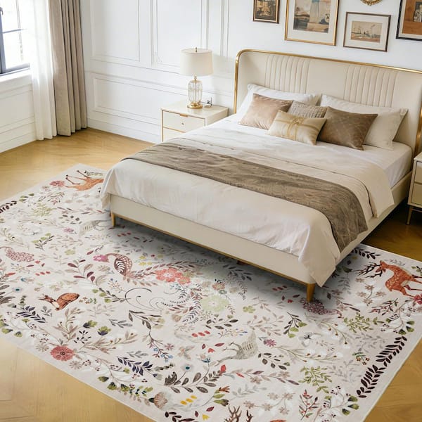 Light Brown 10 ft. X 13 ft. Animal Pattern Washable Low Pile Non-Slip Stain Resistant PeacockDeer Design Indoor Area Rug