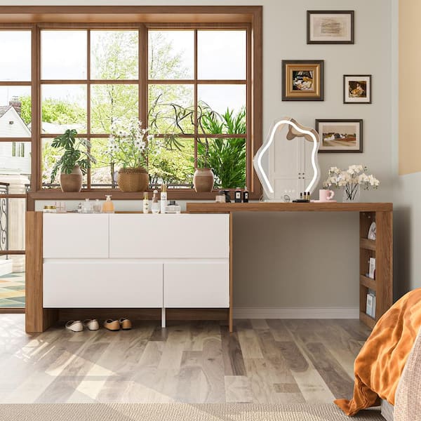 FUFU&GAGA 83.8 in. Width Rectangle White & Wooden Grain Wood 4 Drawers Writing Desk, Foldable Compuer Home Office Desk
