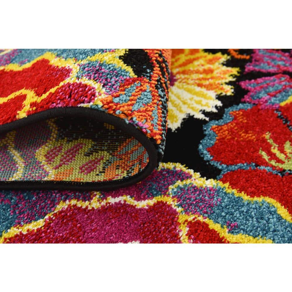 Lyon Kennedy Floral Black and Yellow 2' x 6' Synthetic Runner Rug