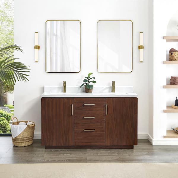 ROSWELL San 60 in.W x 22 in.D x 33.8 in.H Double Sink Bath Vanity in Natural Walnut with White Composite Stone Top