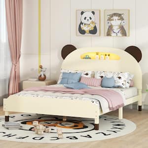 Cream and Walnut Wood Frame Full Size Platform Bed with Bear-Shaped Headboard, Motion Activated Night Lights