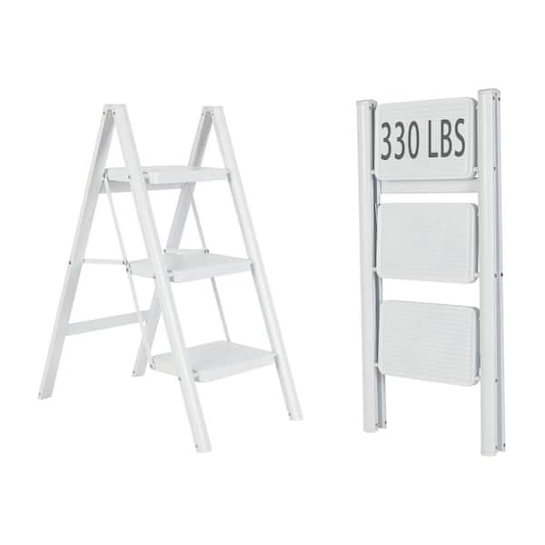 2.7 ft. Reach Hight Foldable 3-Step Iron Ladder, 330 lbs. Load Capacity, with Non-Slip and Widened Steps, White