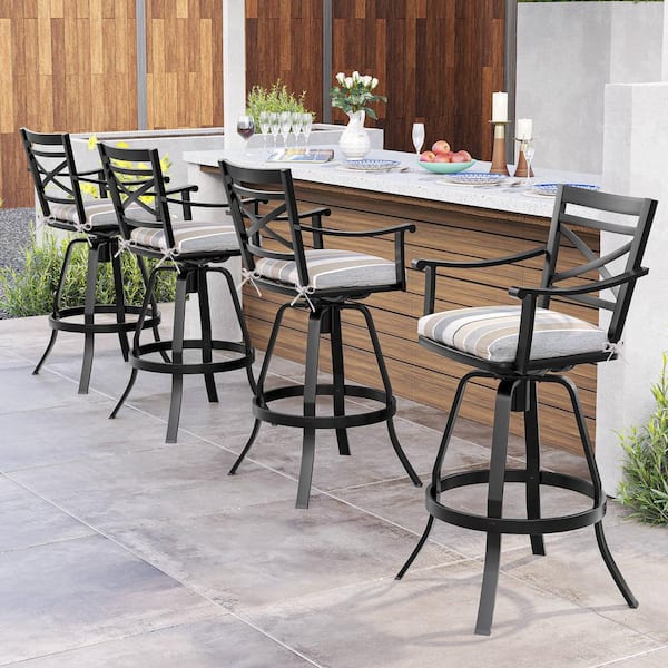 Swivel Cast Aluminum Outdoor Bar Stool with Sunbrella Milano Char Striped Cushion (4-Pack)