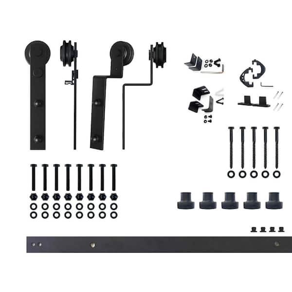 HOMACER 7 ft./84 in. Black Rustic Single Track Bypass Sliding Barn Door Hardware Kit Straight Design Roller for Double Doors