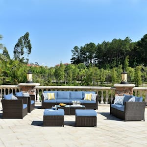 Rimaru 12-Piece Wicker Outdoor Patio Conversation Seating Set with Denim Blue Cushions