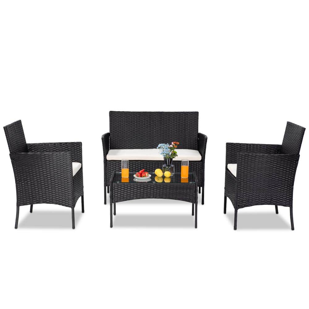 4-Piece PE Wicker Patio Conversation Sectional Seating Set with Cushions Ra