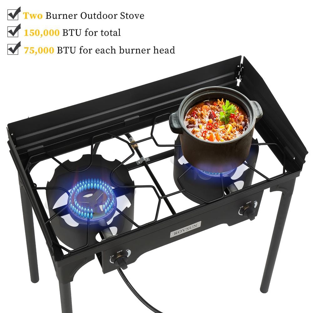 Black Cast Iron 2-Burner Portable Propane Gas Grill with Windscreen