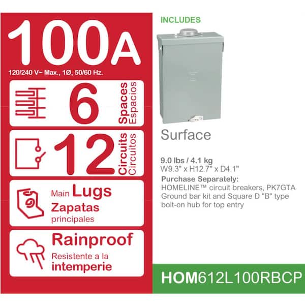 Square D Homeline 100 Amp 6-Space 12-Circuit Outdoor Main Lug Electrical Panel(HOM612L100RBCP)