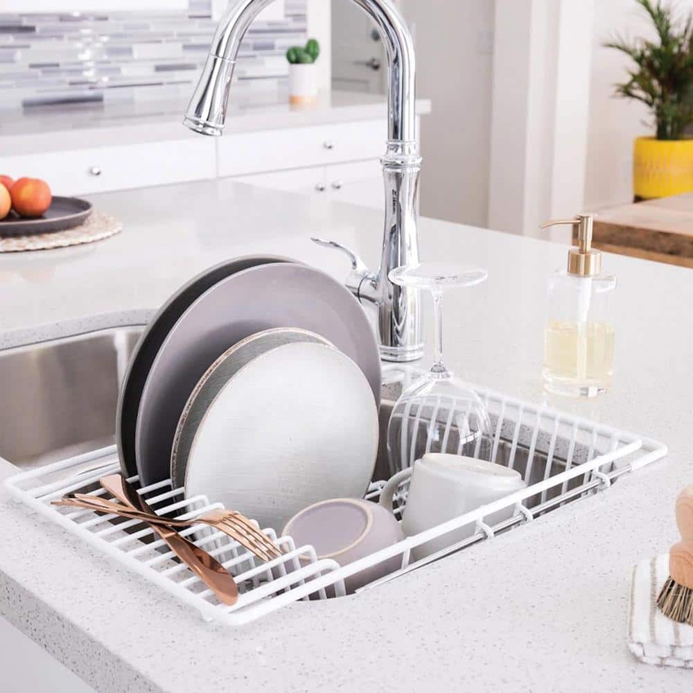 White Adjustable Over-the-Sink Metal Dish Drainer with Utensil Cup