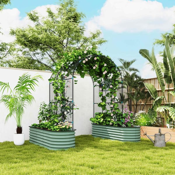 Outsunny - Raised Garden Beds with Arch Trellis, Climbing Net, Galvanized Steel Planter Box for Climbing Vegetables Flowers Herbs