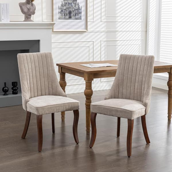 Noble House Vale Beige Modern Upholstered Velvet Dining Chairs, Solid Wood Legs, Set of 2