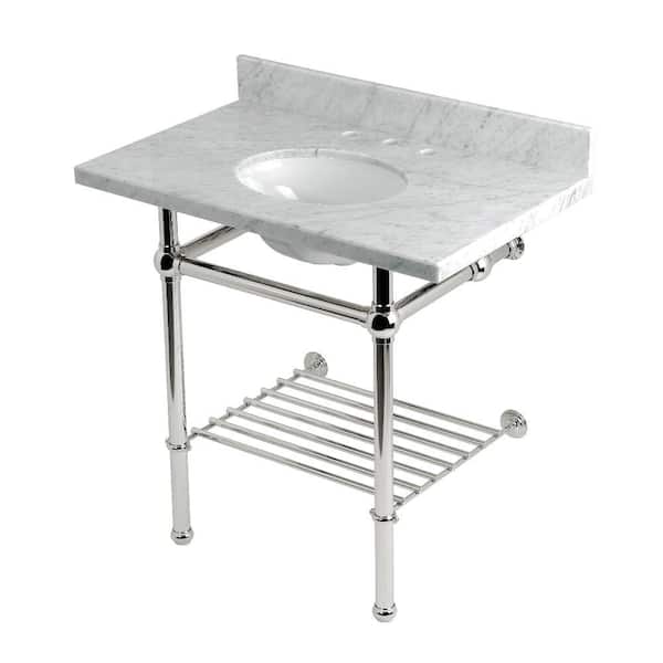 Kingston Brass Templeton 36 in. Marble Console Sink with Brass Legs in Carrara Marble/Polished Nickel